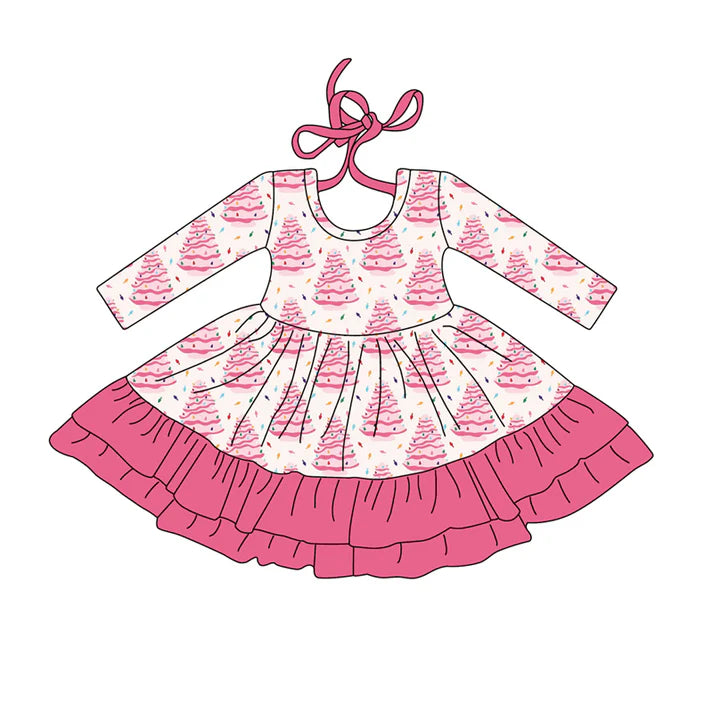 Preorder (moq 5)Baby Girls Long Sleeves Pink Christmas Trees Plaid Ruffle Knee Length Dress 7.26