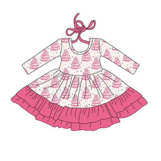Preorder (moq 5)Baby Girls Long Sleeves Pink Christmas Trees Plaid Ruffle Knee Length Dress 7.26