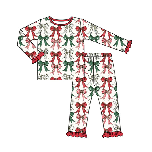 Preorder(moq 5) Baby Girls Long Ruffle Sleeves Green Red Bows Plaid Top Pants Pajamas Set 7.22