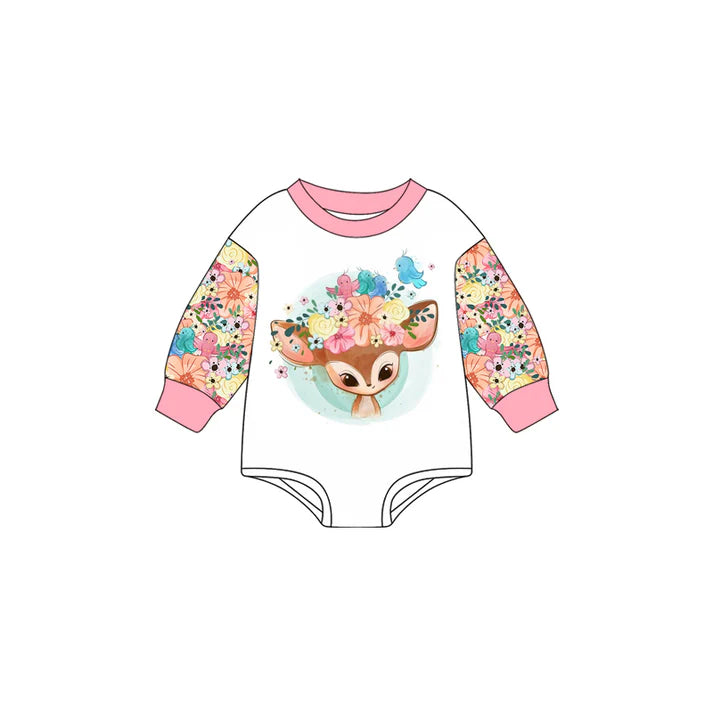 Preorder (moq 5)Baby Girls Pink Long Sleeves Flowers Deer Birds Romper 7.2