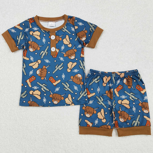 Baby Boys Pajamas Western Highland Cow Cactus Shirts Shorts Pajamas Sets BSSO1232 3.7