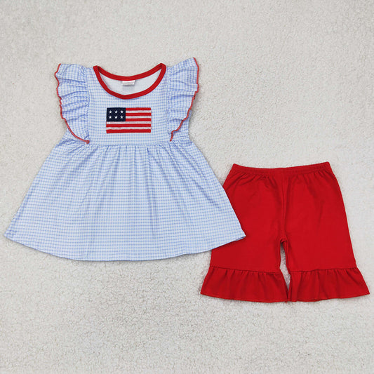Embroidery Baby Girls Clothes 4th of July Checkered Flag Tunic Top Ruffle Shorts Sets GSSO2238 4.10