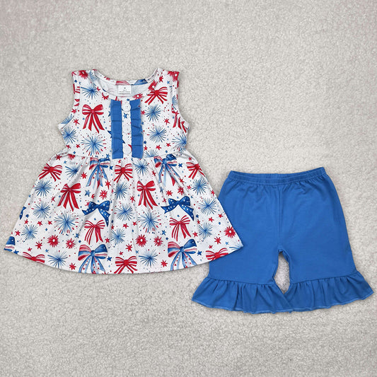Baby Girls Clothes Blue Red Bows Fireworks Tunic Ruffle Shorts 4th Of July Sets GSSO2346 4.9