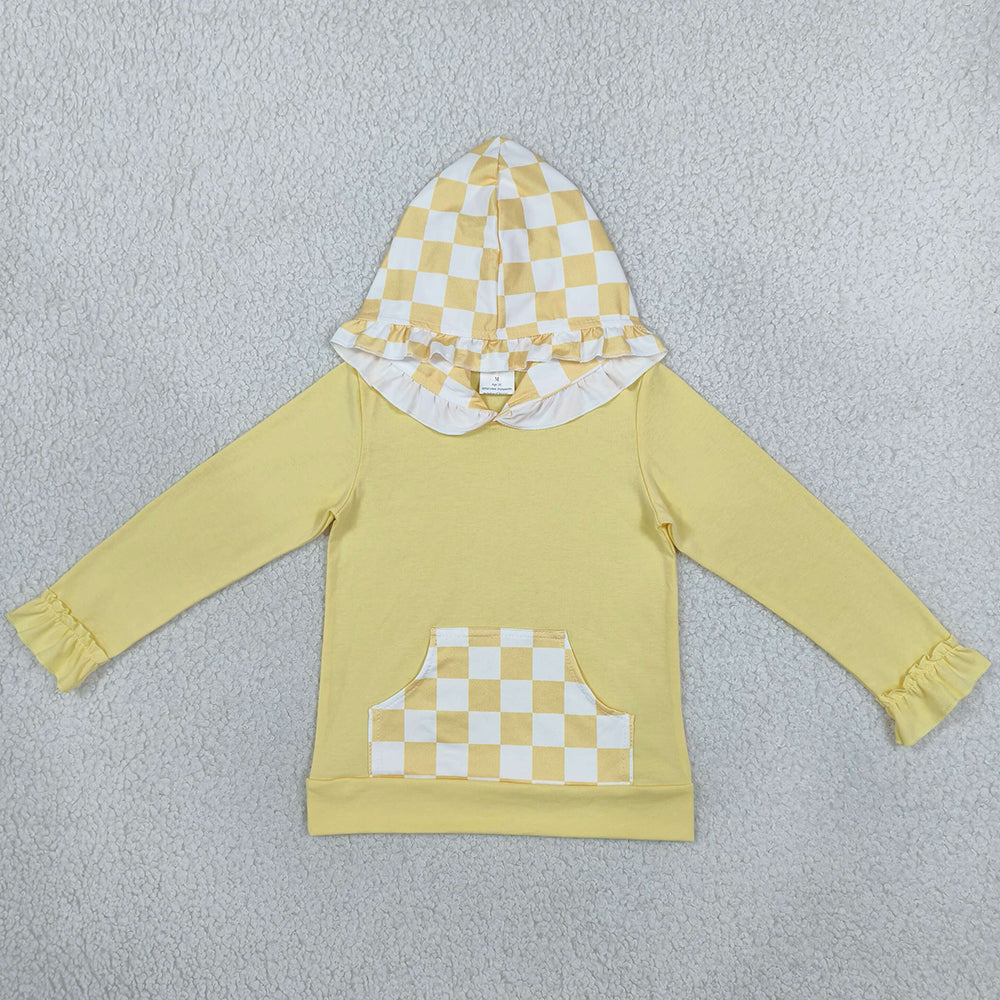Baby Girls Clothes Yellow Checked Pocket Ruffle Hoodies Top GT1853