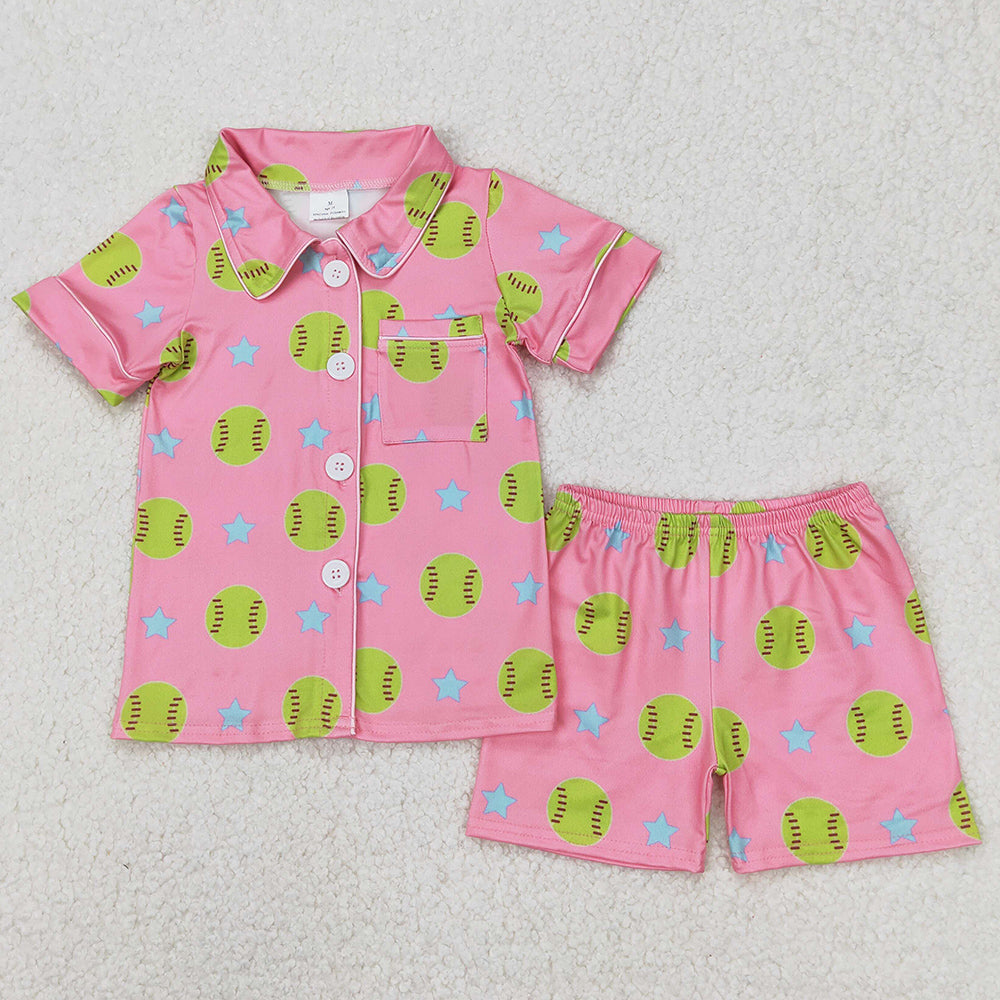 Baby Girls Pajamas Baseball Stars Buttons Top Shorts Clothes Sets GSSO2203