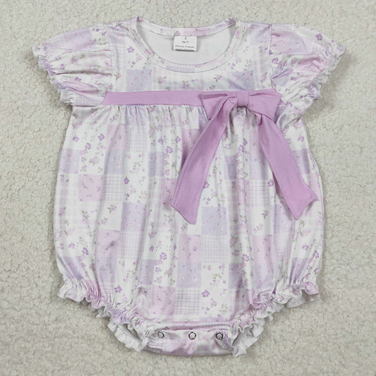 Baby Girls Rompers Short Sleeve Flowers Checked Bow Top Ruffle Rompers SR3730