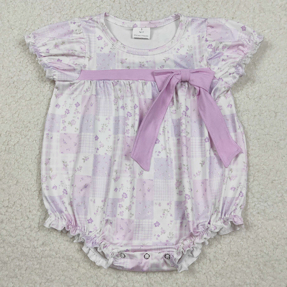Baby Girls Rompers Short Sleeve Flowers Checked Bow Top Ruffle Rompers SR3730