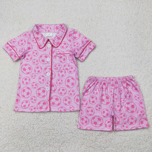 Baby Girls Pajamas Pink Soccer Buttons Shirt Shorts Pajamas Sets GSSO1957