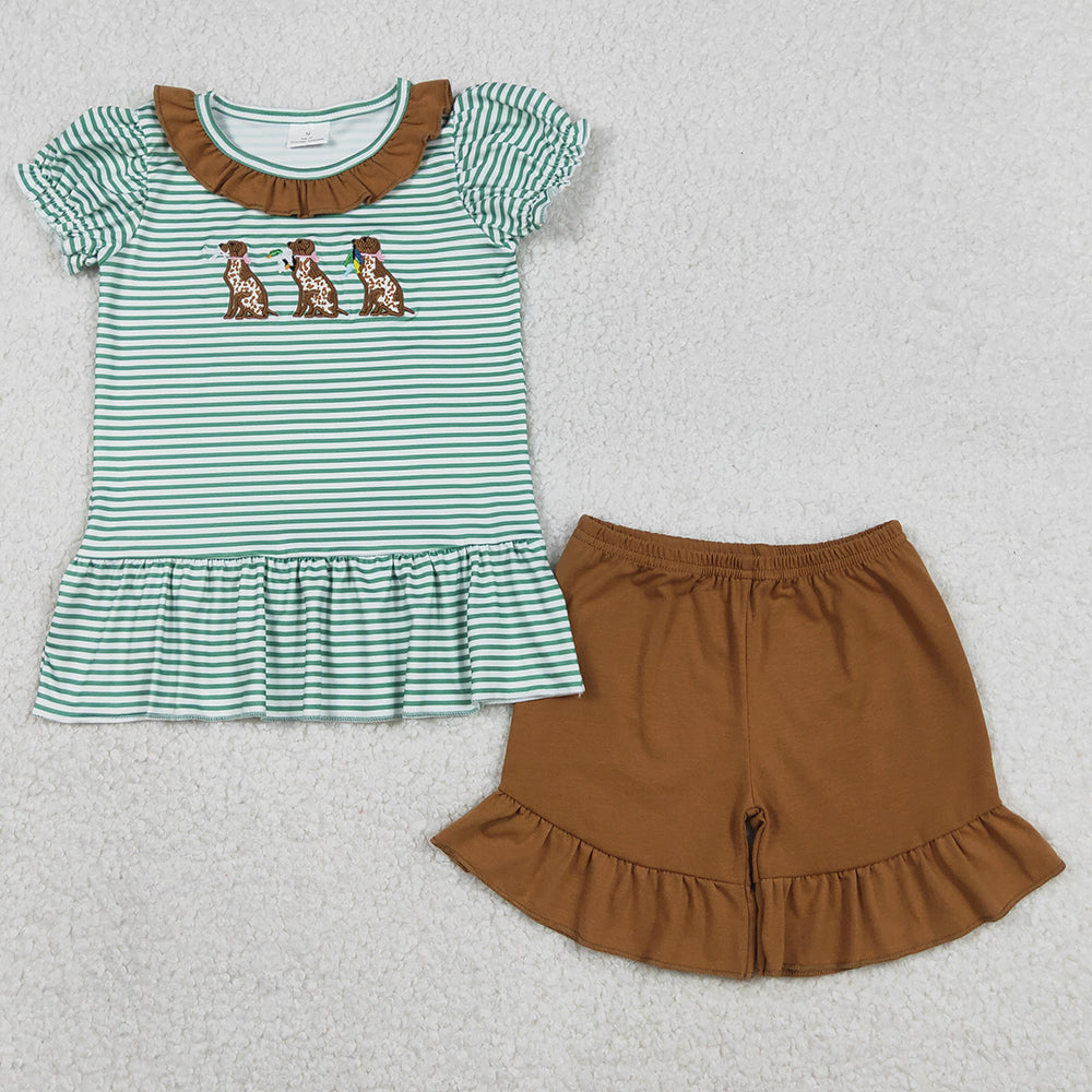 Baby Girls Clothes Embroidery Ducks Dogs Stripe Collar Tunic Ruffle Shorts Hunting Clothes Sets GSSO2793 1.1
