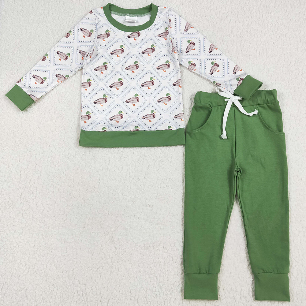 Baby Boys Clothes Long Sleeves Green Ducks Top Pockets Legging Pants Sets BLP1071 7.9