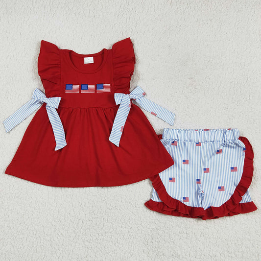 Embroidery Baby Girls Clothes Red Flags Bows Tunic Stripe Ruffle Shorts 4th Of July Sets GSSO2375 4.21