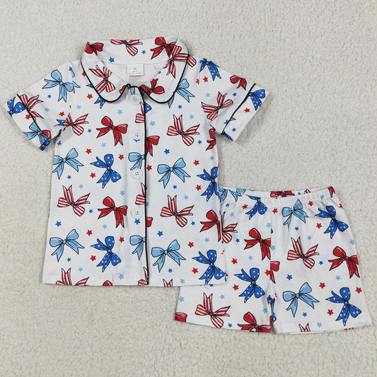 Baby Girls Pajamas Blue Red Bows Button Top Short 4th Of July Pajamas Sets GSSO2484 5.21