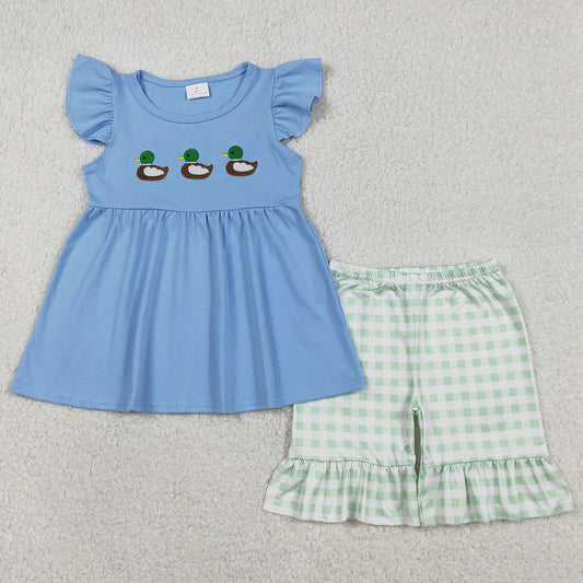 Baby Girls Embroidery Ducks Flutter Sleeve Tunic Checked Ruffle Shorts Clothes Sets GSSO2728 12.31