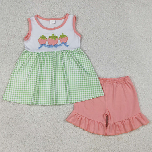 Baby Girls Clothes Embroidery Strawberry Checked Tunic Ruffle Shorts Clothes Sets GSSO2981 1.1