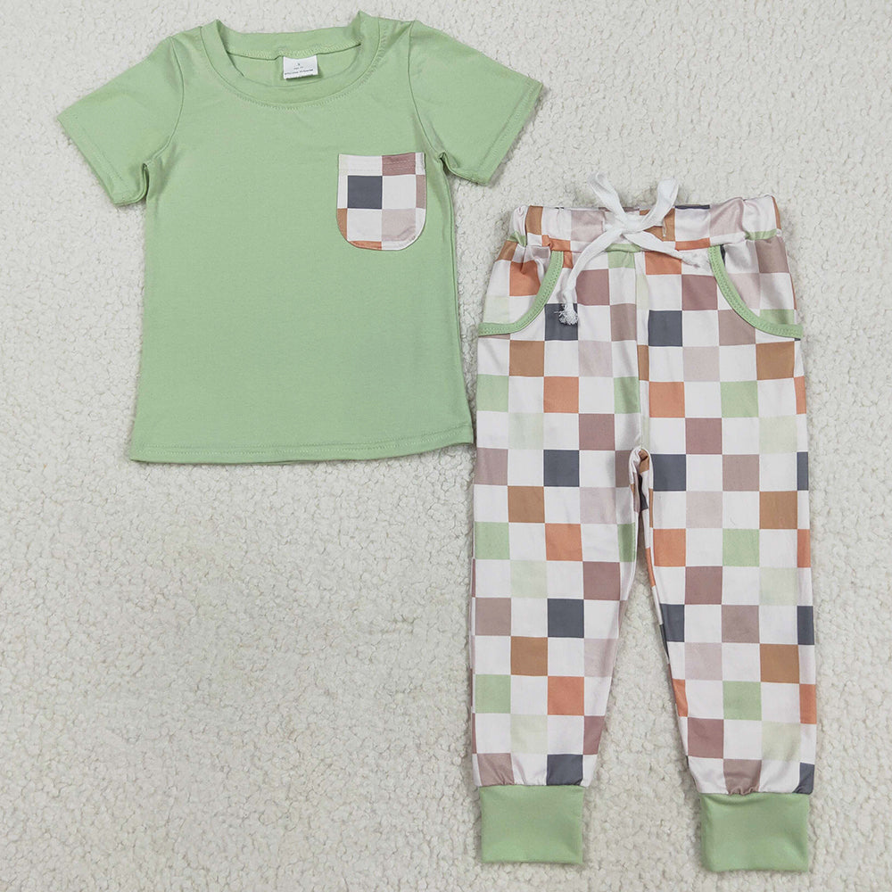 Baby Boys Clothes Short Sleeves Pocket Top Pockets Khaki Plaid Pants Sets BSPO0576 8.5