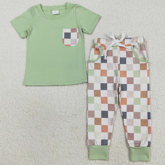 Baby Boys Clothes Short Sleeves Pocket Top Pockets Khaki Plaid Pants Sets BSPO0576 8.5
