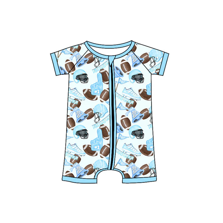 Preorder (moq 5)Baby Boys Blue Short Sleeves Footballs Flags Zipper Rompers 4.24