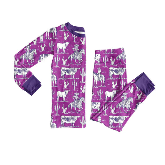 Preorder (moq 5)Baby Boys Cactus Horse Rodeos Cows Top Pants Western Pajamas Sets 12.4