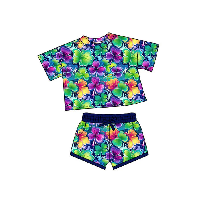 Preorder(moq 5) Baby Girls Colorful Clovers Top Pockets Shorts St Patrick Clothes Sets 10.4