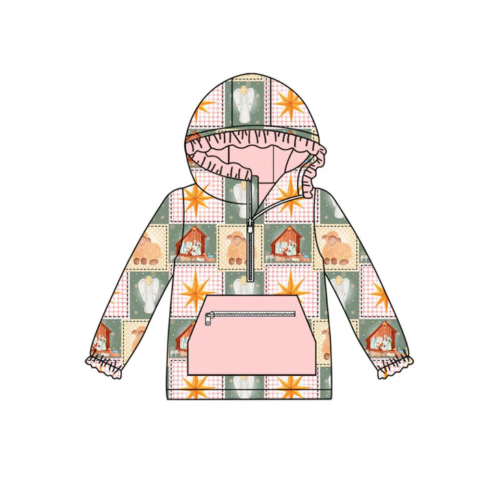 Preorder(moq 5)Baby Girls Pink Plaid Nativity Pockets Zipper Christmas Hoodie Tops 8.30