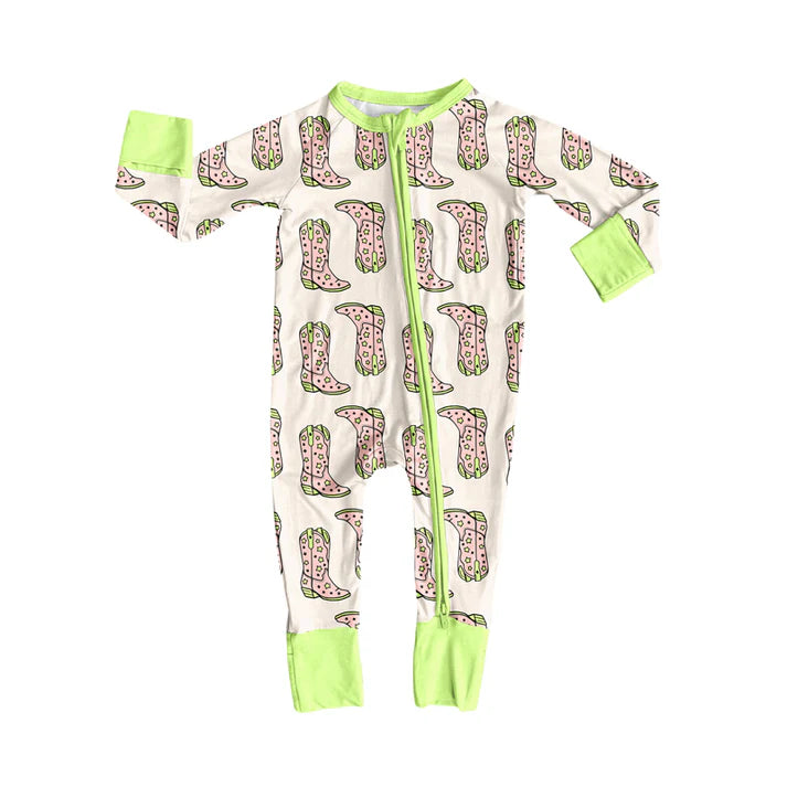 Preorder (moq 5)Baby Boys Green Stars Boots Western Two Way Zip Convertible Rompers 12.6