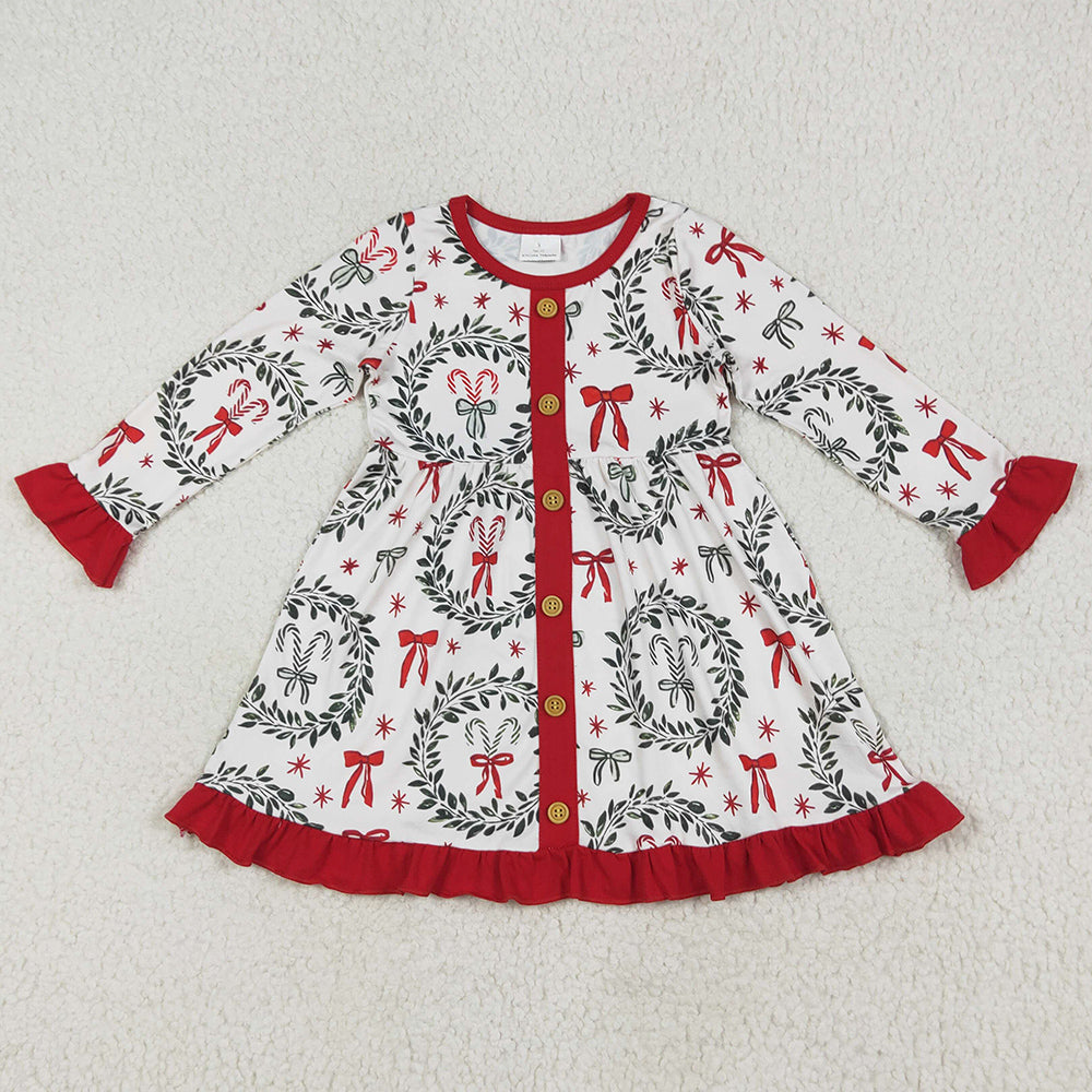 Baby Girls Dress Christmas Green Red Bows Button Knee Length Dresses GLD1082 6.25