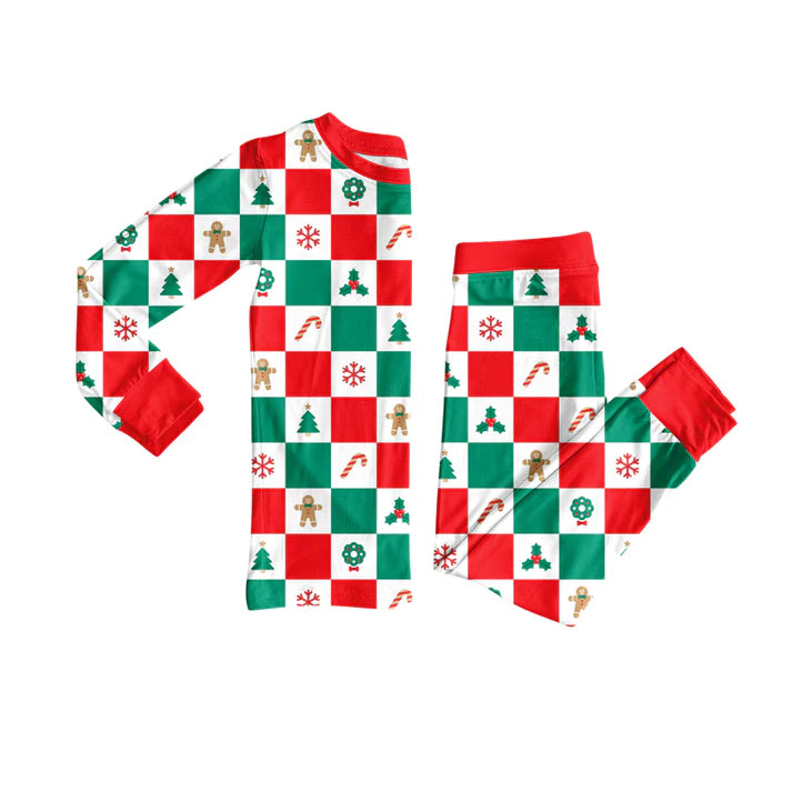 Preorder (moq 5)Baby Girls Long Sleeves Red Green Plaid Gingerbread Candy Cane Top Pant Pajamas Set 6.19
