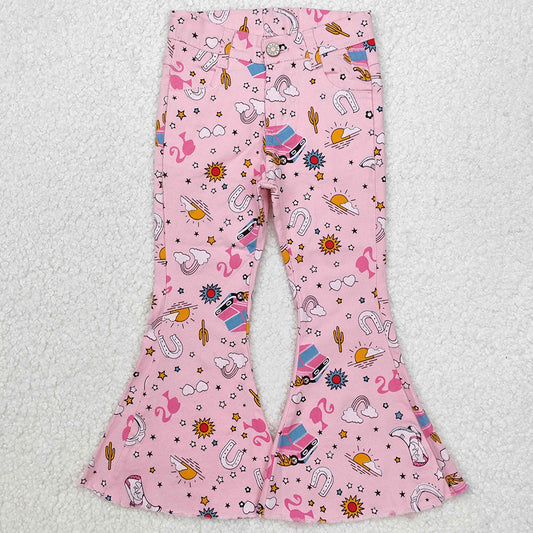 Baby Girls Jeans Pants Pink Doll Western Bell Flare Denim Pants Jeans P0407