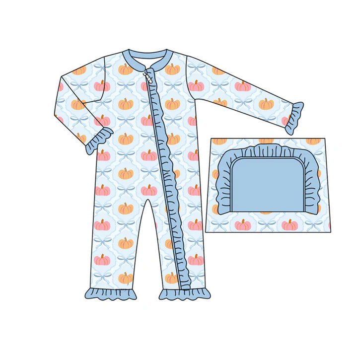 Preorder moq 5 Baby Infant Girls Long Sleeves Bows Pumpkins Plaid Ruffle Zipper Romper 7.14