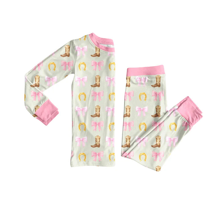 Preorder (moq 5)Baby Girls Long Sleeves Pink Bows Boots Top Pant Pajamas Set 6.19
