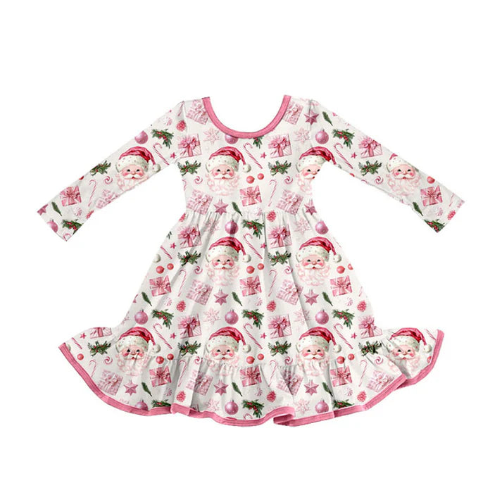 Preorder (moq 8)Baby Girls Pink Santa Lights Christmas Ruffle Knee Length Dresses 9.23