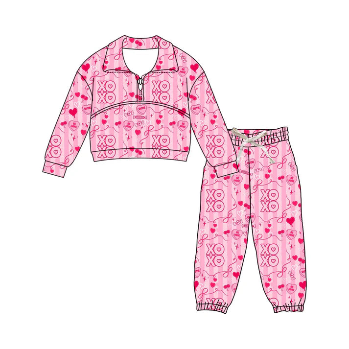 Preorder (moq 5)Baby Girls Pink Stripe Hearts XOXO Zipper Pullover Pants Valentines Clothes Sets 11.27