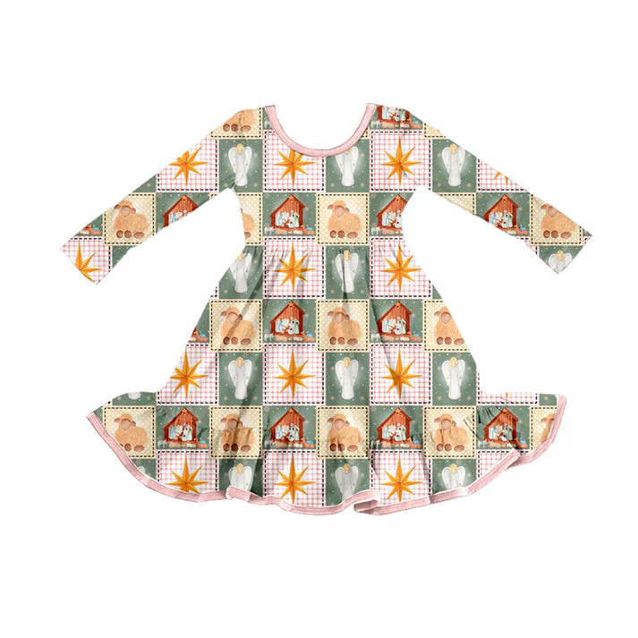 Preorder (moq 5)Baby Girls Pink Plaid Nativity Christmas Ruffle Knee Length Dresses 8.30