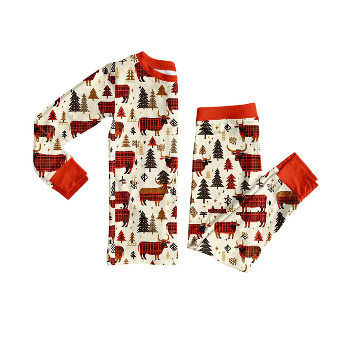 Preorder (moq 5)Baby Girls Christmas Trees Cows Top Pant Pajamas Set 8.4