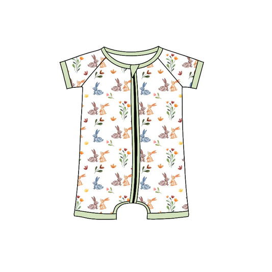 Preorder (moq 5)Baby Girls Colorful Flowers Rabbits Easter Zipper Shorts Rompers 12.6