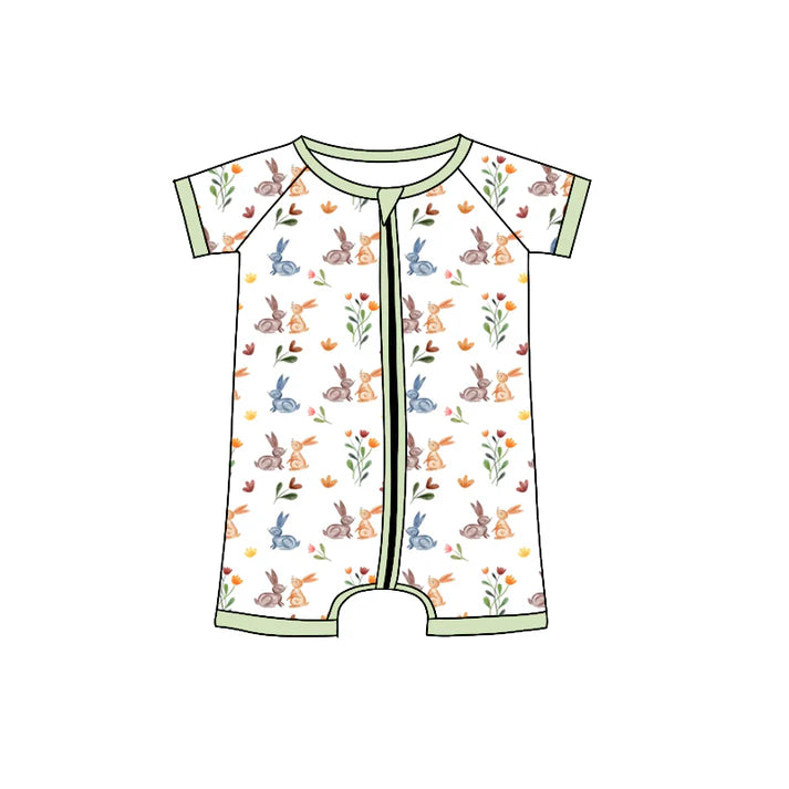 Preorder (moq 5)Baby Girls Colorful Flowers Rabbits Easter Zipper Shorts Rompers 12.6