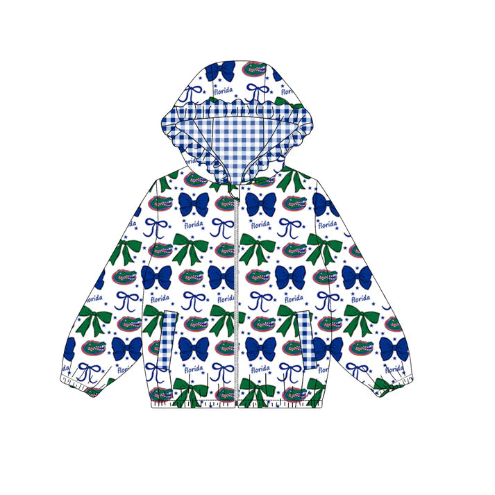 Preorder(moq 5)Baby Girls Green Florida Bows Zip Ruffle Hooded Cardigan Jackets Tops 8.29