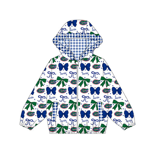 Preorder(moq 5)Baby Girls Green Florida Bows Zip Ruffle Hooded Cardigan Jackets Tops 8.29