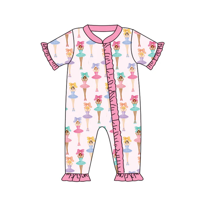 Preorder (moq 5)Baby Girls Short Ruffle Sleeves Bows Dancers Zipper Rompers 5.26