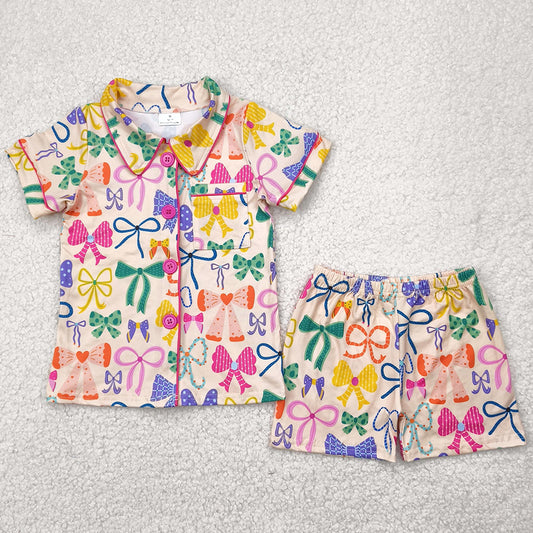 Baby Girls Pajamas Colorful Bows Button Pocket Top Shorts Pajamas Sets GSSO2487 4.29