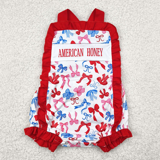Baby Girls Rompers Red Strap American Babe Blue Bows 4th Of July Rompers SR3048 4.28