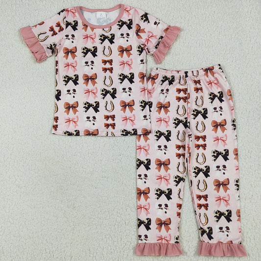 Baby Girls Pajamas Pink Short Ruffle Sleeves Bows Top Pant Pajamas Sets GSPO2035 6.19