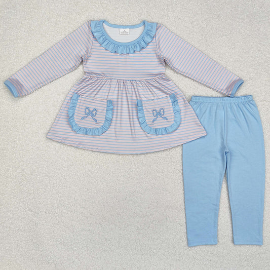 Baby Girls Clothes Blue Stripes Bow Pockets Tunic Legging Pants Sets GLP1389