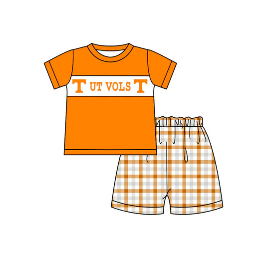 Preorder (moq 5)Baby Boys Orange T Ut Vols Top Checked Shorts Team Clothes Sets 12.27