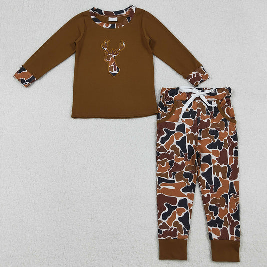 Baby Boys Clothes Brown Embroidery Camo Deer Top Pockets Leggings Clothes Set BLP1078 10.2