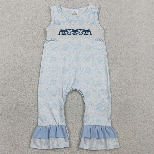 Baby Girls Rompers Embroidery Bows Sleeveless Blue Flowers Ruffle Rompers SR3843