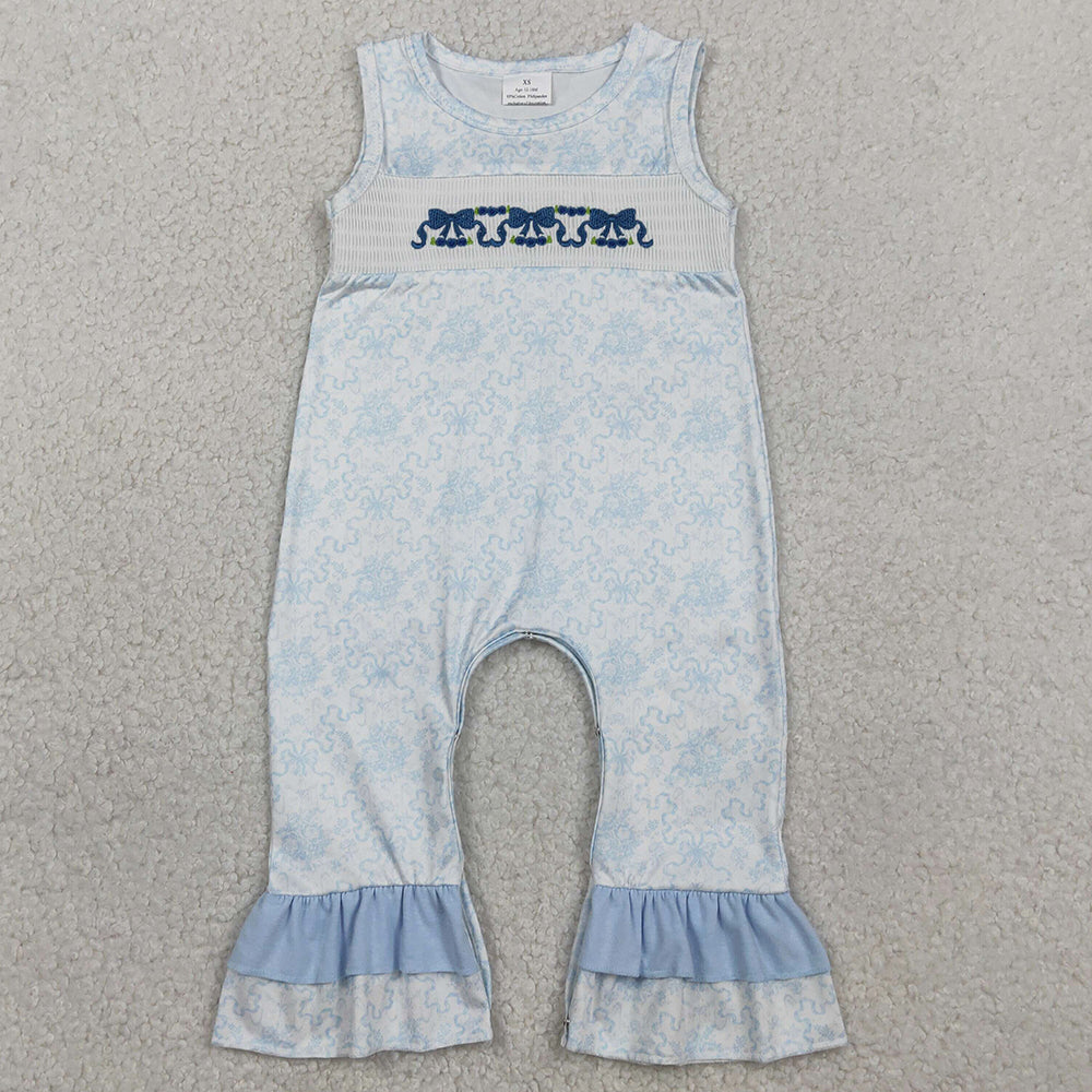 Baby Girls Rompers Embroidery Bows Sleeveless Blue Flowers Ruffle Rompers SR3843