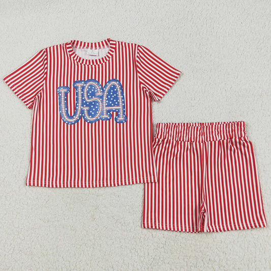 Baby Girls Clothes Red Stripe USA Top Short 4th Of July Pajamas Sets GSSO2577 5.22