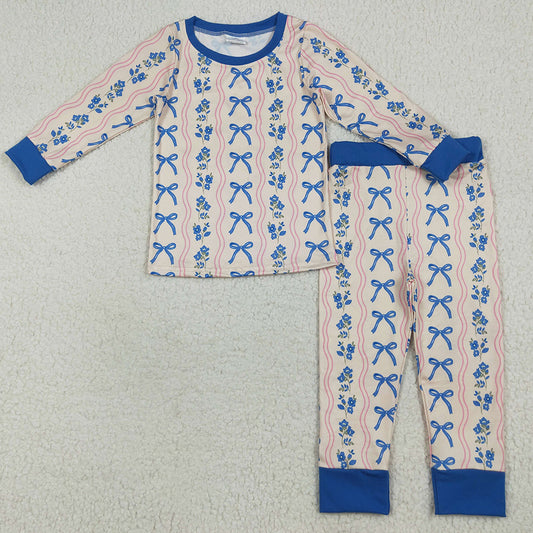Baby Girls Pajamas Long Sleeve Blue Bows Flower Stripe Top Pants Pajamas Sets GLP2505 7.9