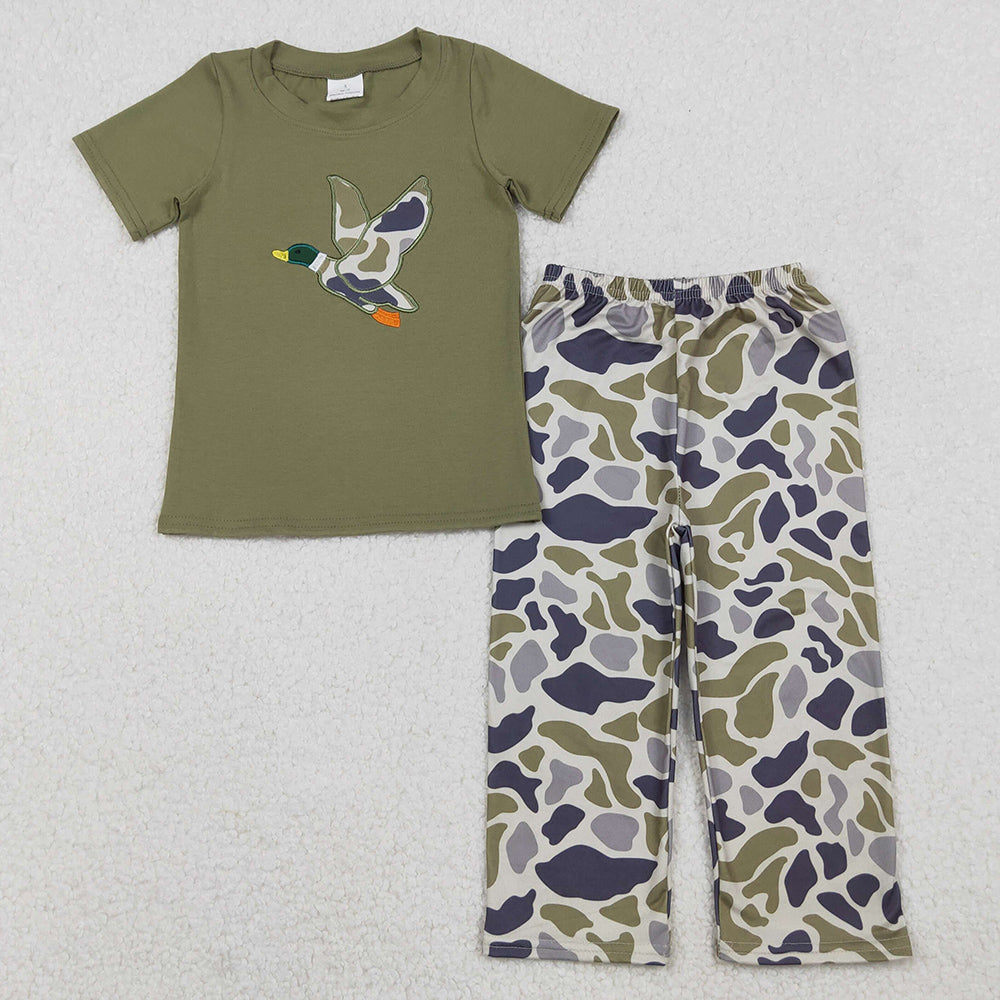 Baby Boys Clothes Embroidery Camo Duck Green Top Flare Pant Hunting Set BSPO0583 10.20